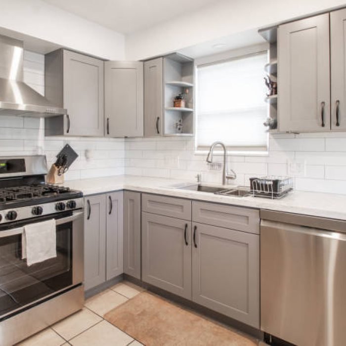 a small modern kitchen with grey cabinets and stainless steel appliances and a decorative bowl
.