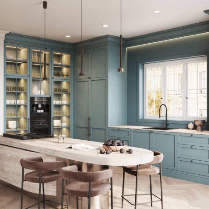 Computer-generated image of modern kitchen interior. Elegant kitchen interior with high chairs at the kitchen counter in 3d render.